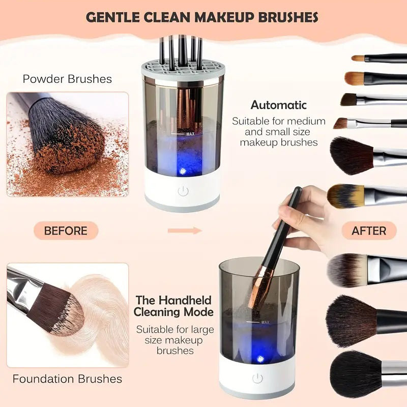 Person using a makeup brush cleaner with before and after comparisons shown.