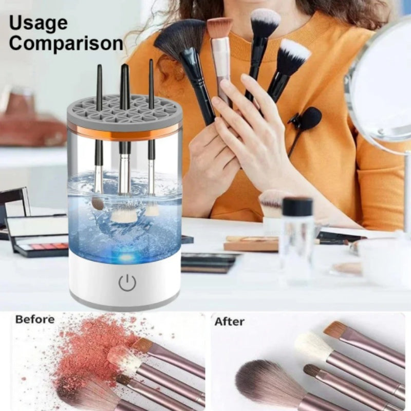 Person using a makeup brush cleaner with before and after comparisons shown.