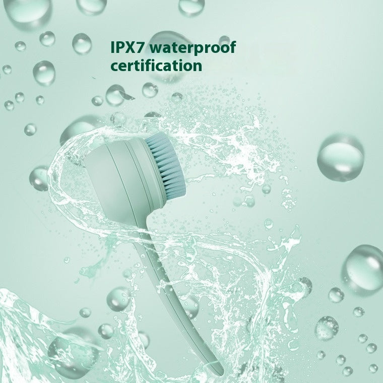 Gentle cleansing brush with water droplets and text indicating IPX7 waterproof certification on a light green background.